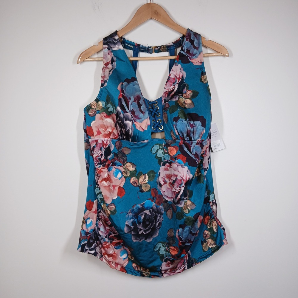 NWT Swim By Cacique Tankini Womens 16 Teal Floral Lace Up No Wire Swim Top